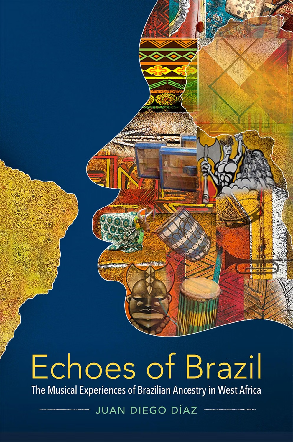 Illustrated book cover: colorful collage of instruments forming a profile beside a textured map of Brazil