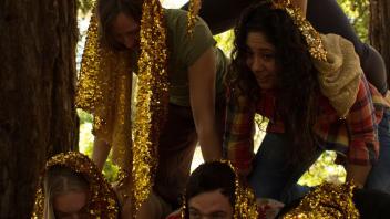 Five people forming a human pyramid among trees, draped in gold tinsel garlands.