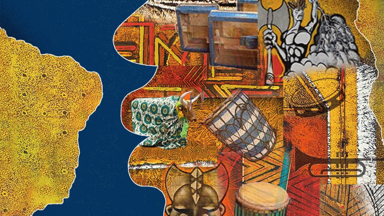 Book cover graphic: profile silhouette collage of Brazilian instruments and a map
