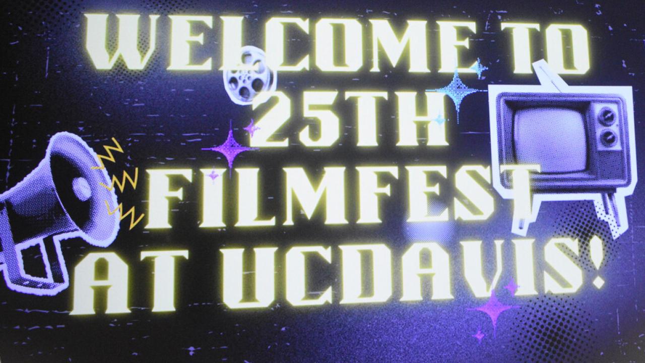 Purple starry banner reading Welcome to 25th Filmfest at UC Davis, with film reel and TV icons