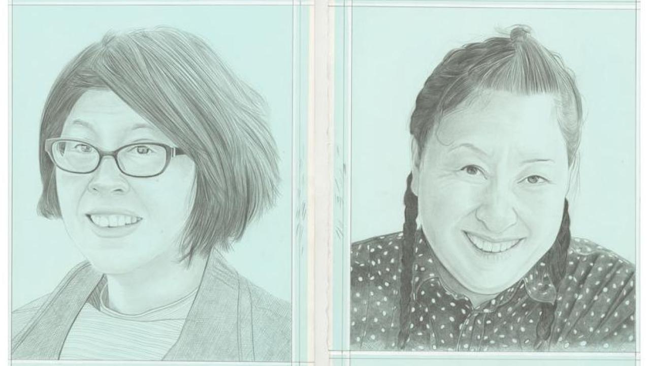 Left: pencil portrait of Susette Min by Phong H. Bui. Right: pencil portrait of Amy Sadao by Phong H. Bui.