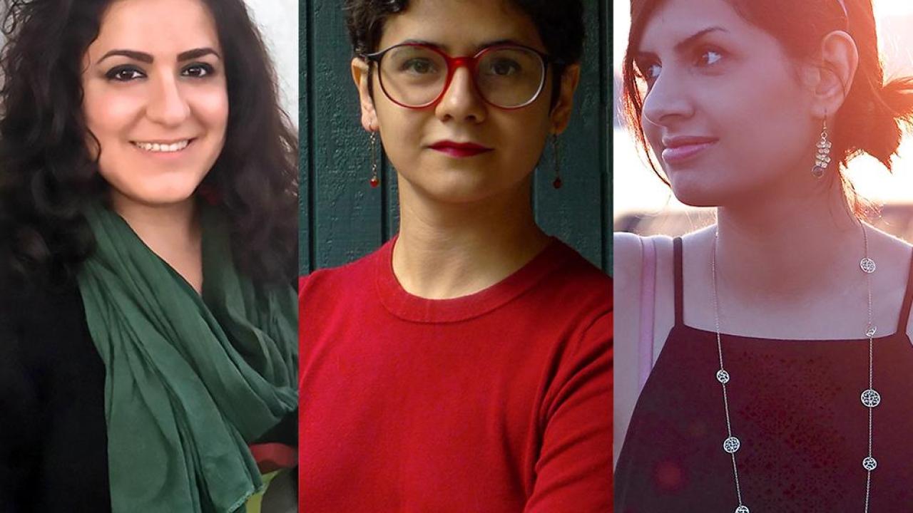 Three individual portrait photos of composers shown side by side, including Aida Shirazi.