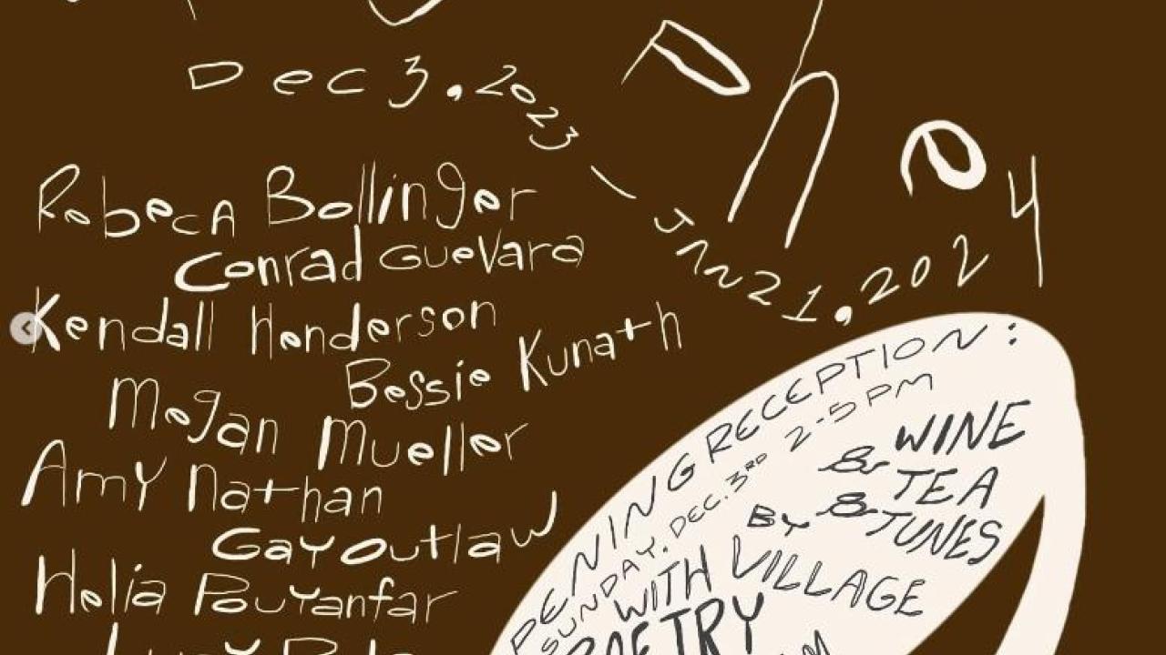 Flyer for the "Apostrophe" group exhibition, with hand-drawn white text listing participating artists on a dark brown background.
