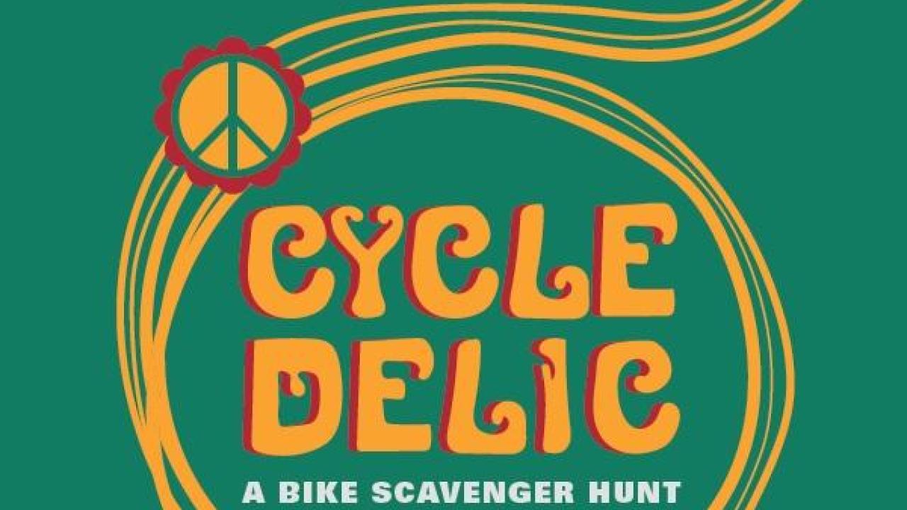 Retro-style green event poster reading "Cycle Delic" with a psychedelic circular design evoking a 1960s bicycle theme.