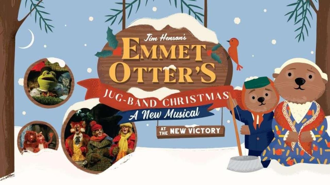 Winter-themed show poster with illustrated otter puppet characters in wintry blue and green tones and ornate gold lettering.