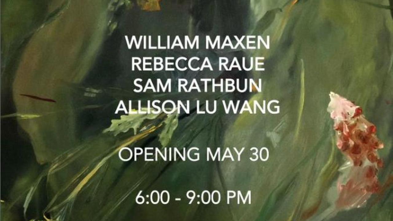 Exhibition poster for 'In the Garden' at Canepa Selling, listing participating artists over a photo of green garden foliage