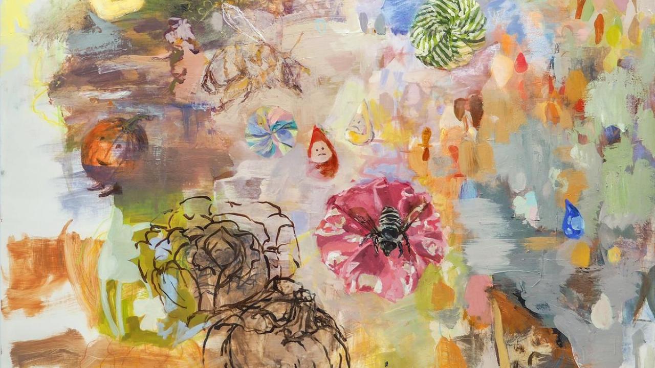 Grace Munakata, "Harbuz, 7 x down, 8 x up," acrylic and wax pastels on panel, 41 x 48 inches, 2023. Courtesy of the artist.