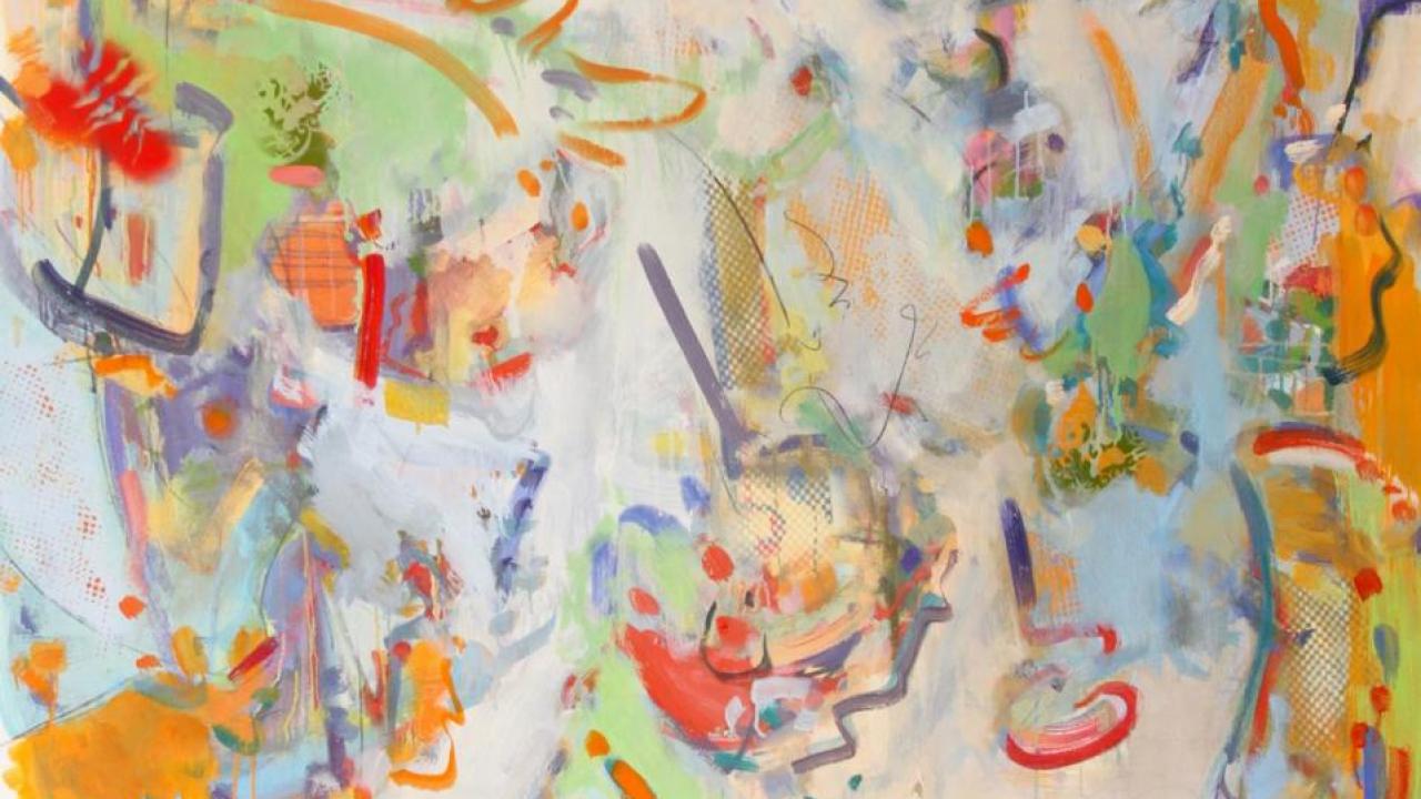 Abstract painting with loose, colorful brushstrokes of orange, green, and blue scattered across a light cream background.