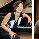 Two side-by-side photos: woman smiling, leaning on grand piano; man smiling in sweater by piano