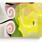 Oil painting with two spiral shell shapes in cream and pink beside a bright yellow-green swirling abstract form.