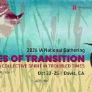 Teal wetland graphic with cattails, flying bird, standing heron and 'Tides of Transition' title