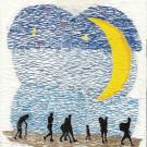 Embroidered fabric artwork depicting silhouetted figures walking under a crescent moon in a starry blue night sky.
