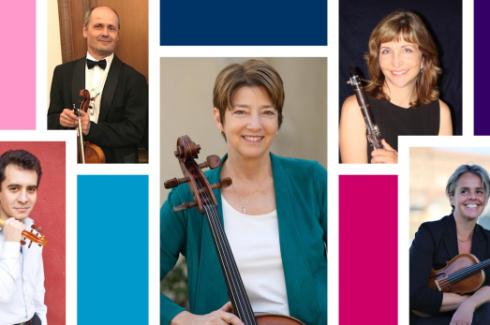 A color composite block of two violinists, one viola player (in a tux) a cellist in a teal cardigan, and a clarinet player in a black sleeveless shirt holding her instrument.